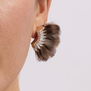 Brown Feather Wing Earrings with Clear Crystal Accents on Model