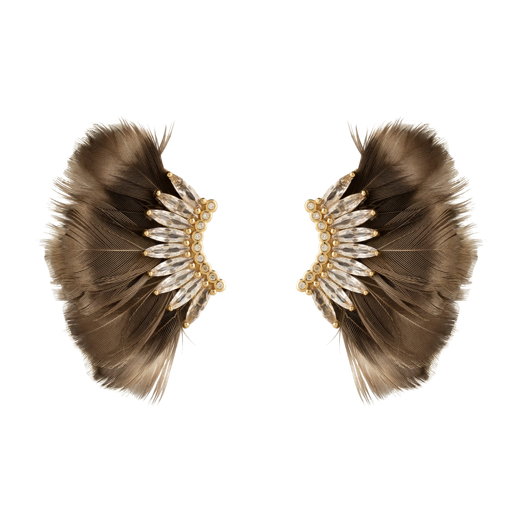 Brown Feather Wing Earrings with Clear Crystal Accents on Flat White Background