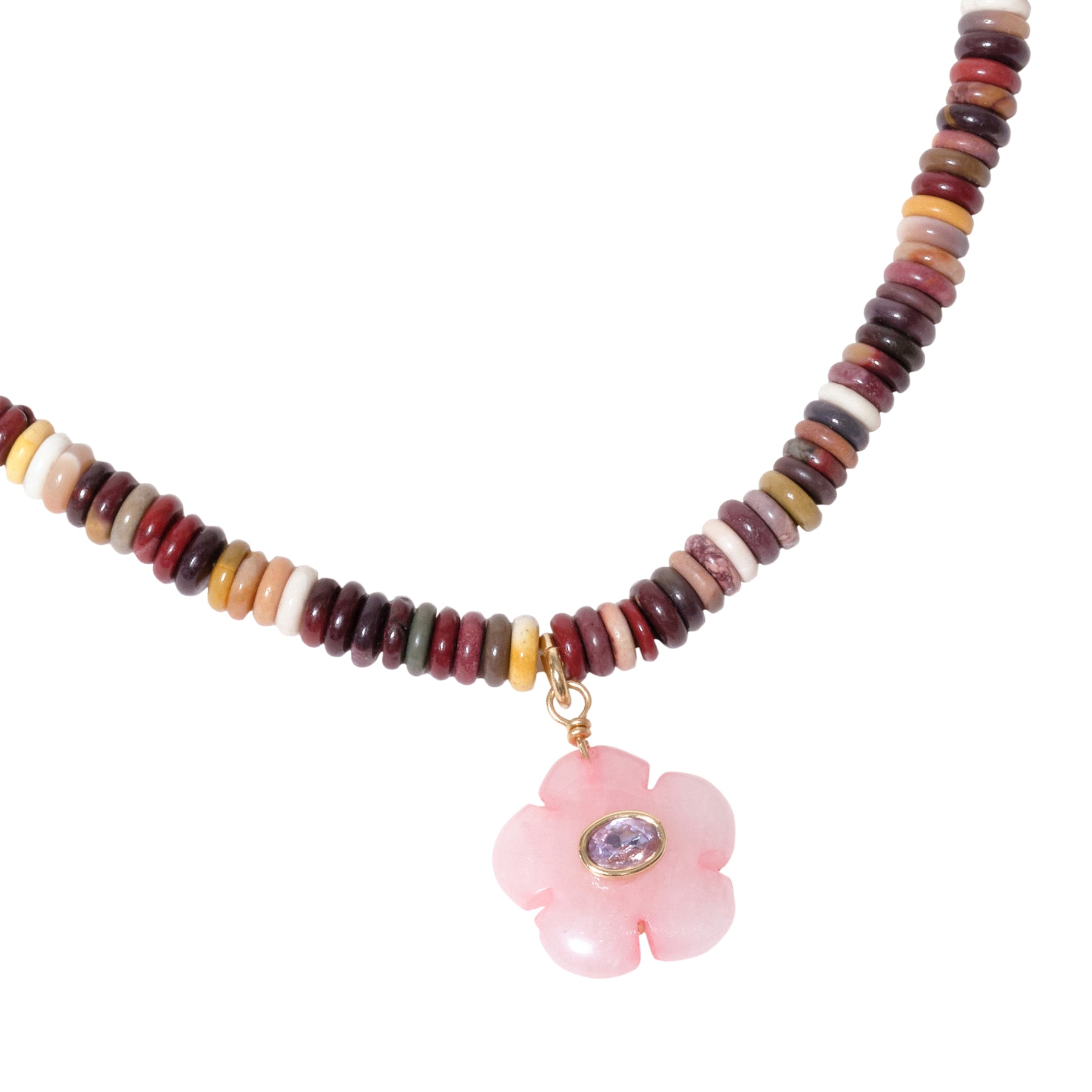 Brown and Neutral Strand Necklace with Pink Flower Charm on Flat White Background