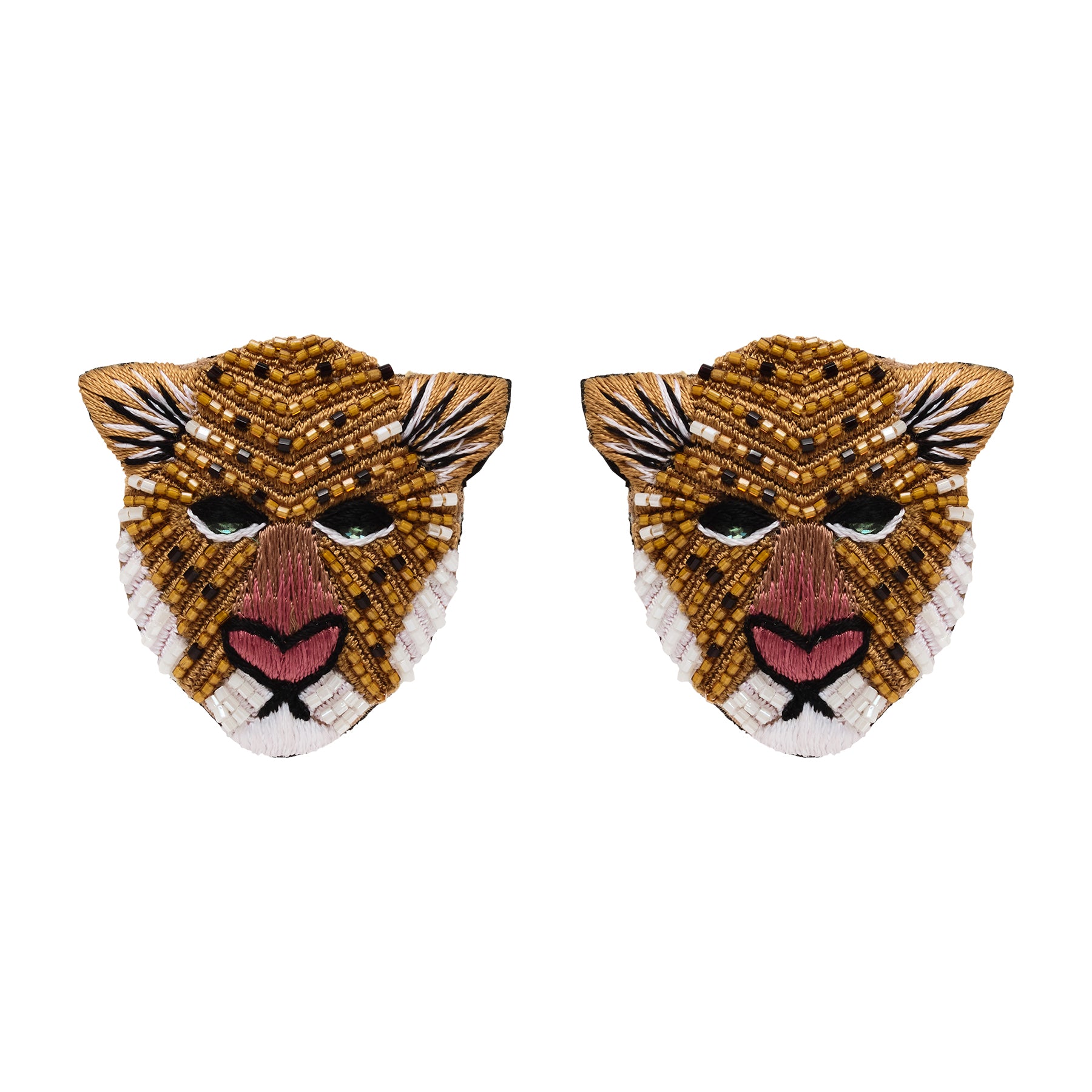 Brown, Tan, Black, and White Beaded Tiger Stud Earrings on Flat White Background