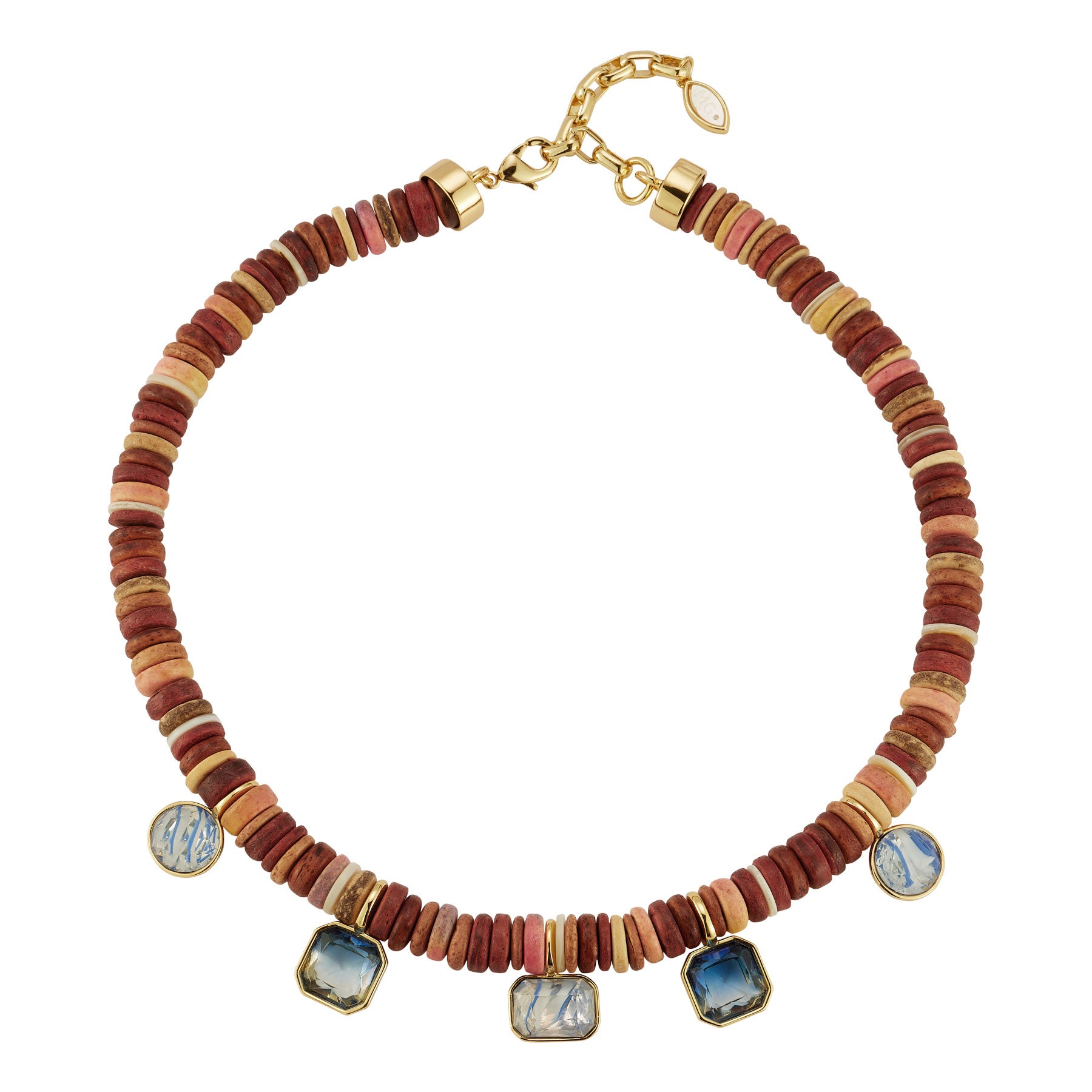 Brown Bead and Blue Crystal Strand Necklace on Flat White Background