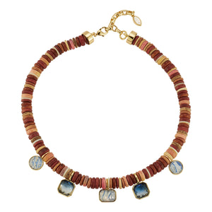 Brown Bead and Blue Crystal Strand Necklace on Flat White Background
