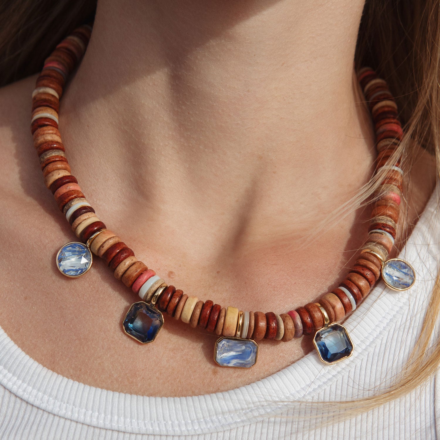 Brown Bead and Blue Crystal Strand Necklace Styled on Model