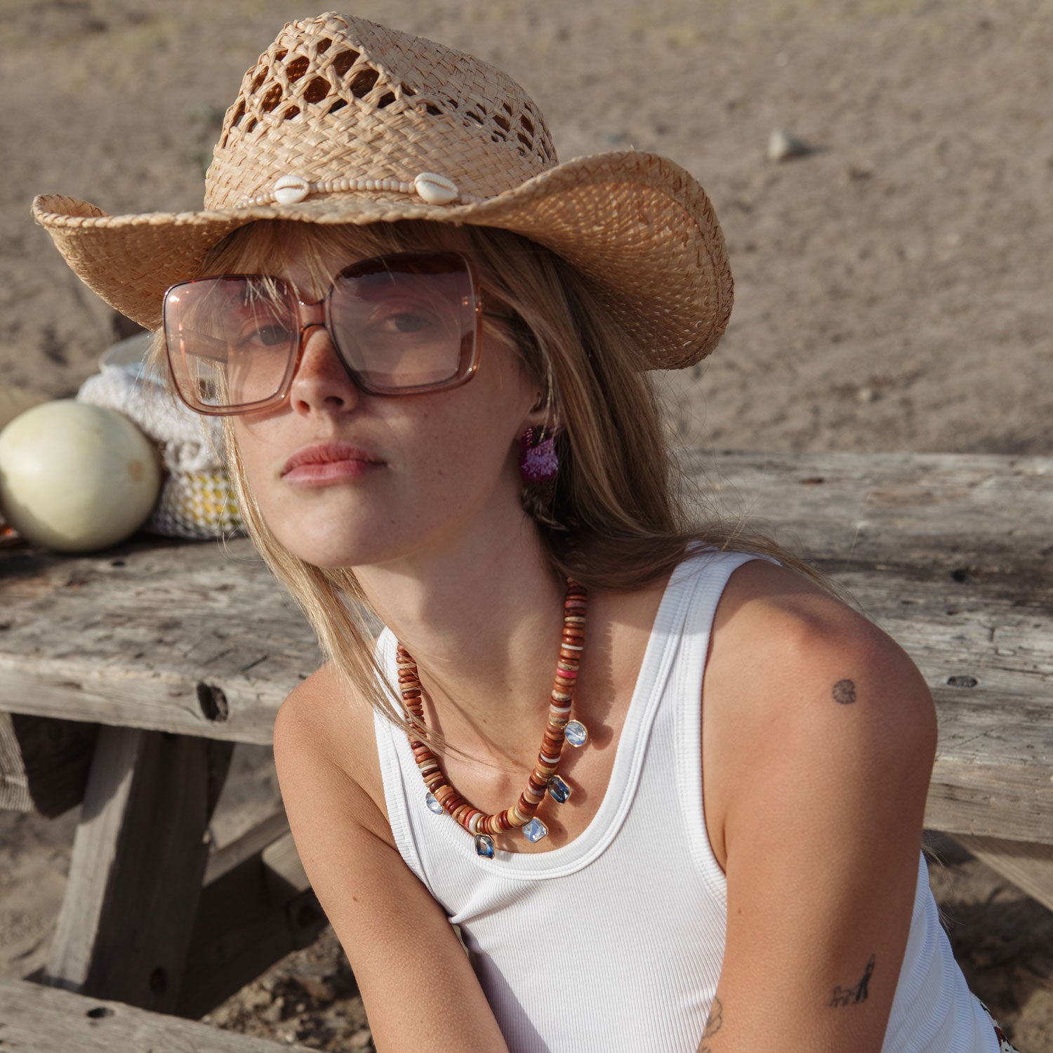 Brown Bead and Blue Crystal Strand Necklace Styled on Model