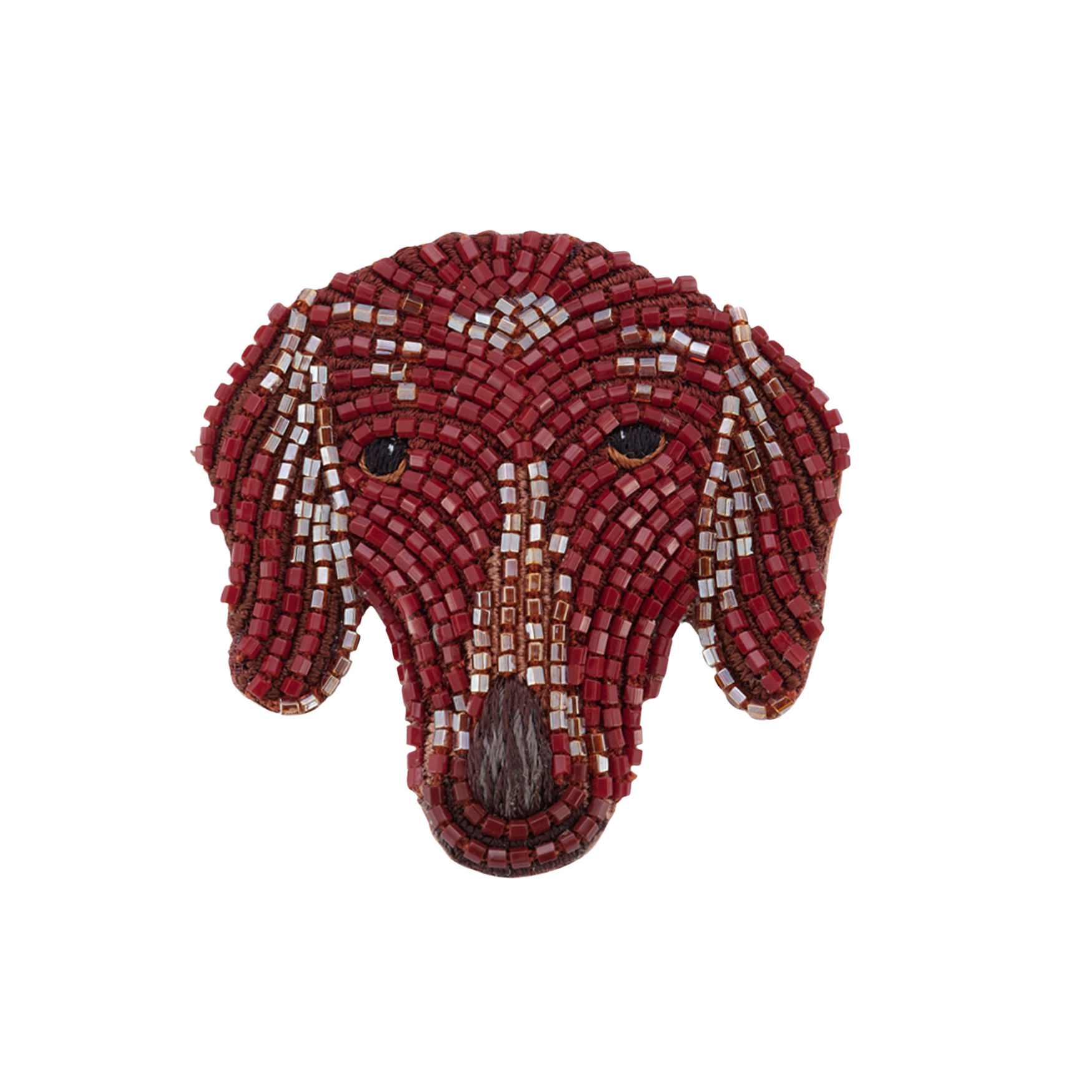 Brown Beaded Dachshund Dog Brooch on Flat White Background