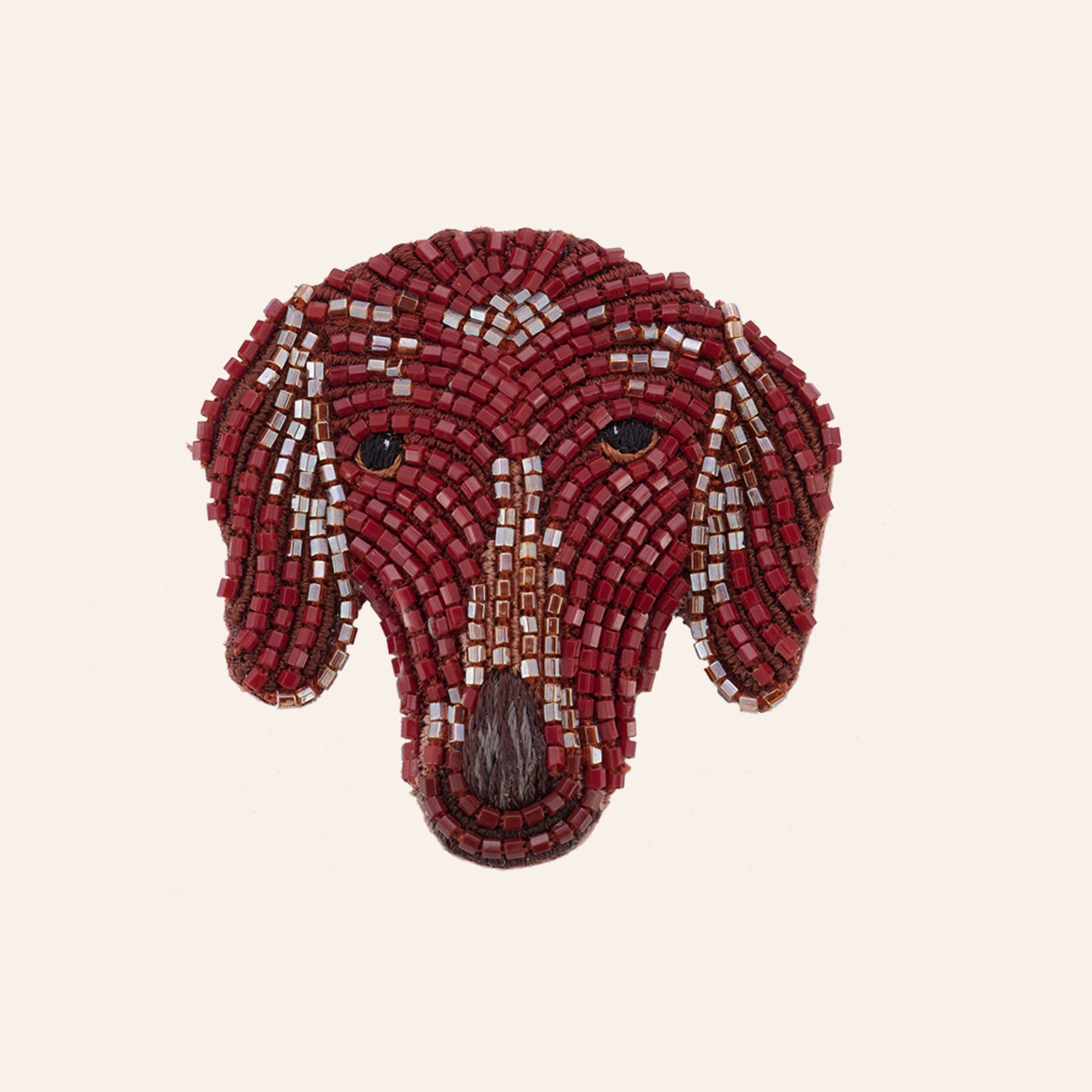 Brown Beaded Dachshund Dog Brooch on Tan Background