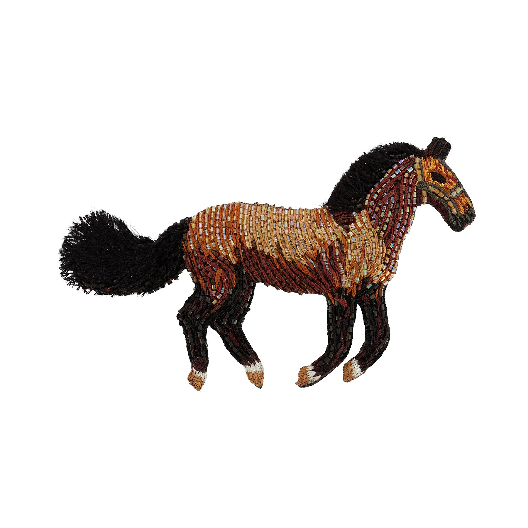 Beaded horse brooch on flat white background