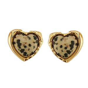 Black and Brown Stone and Gold Heart Stud Earrings on Flat White Background