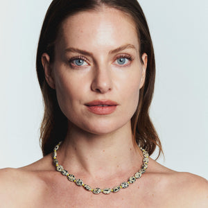 Brown and Black Stone and Yellow Bead Strand Necklace Styled on Model