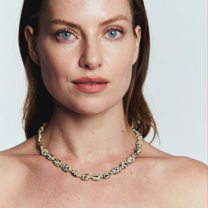 Brown and Black Stone and Yellow Bead Strand Necklace Styled on Model