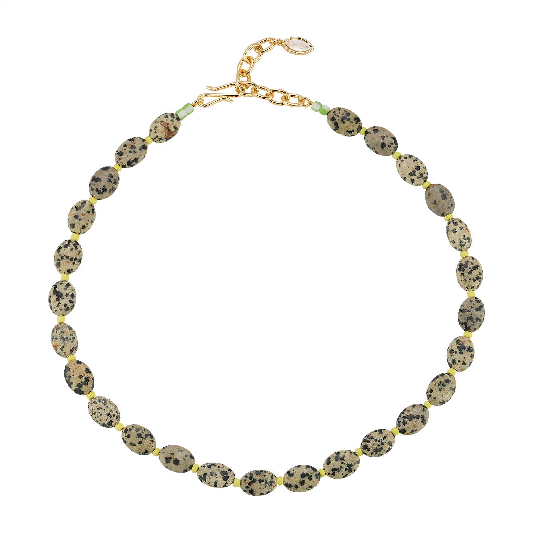 Brown and Black Stone and Yellow Bead Strand Necklace on Flat White Background