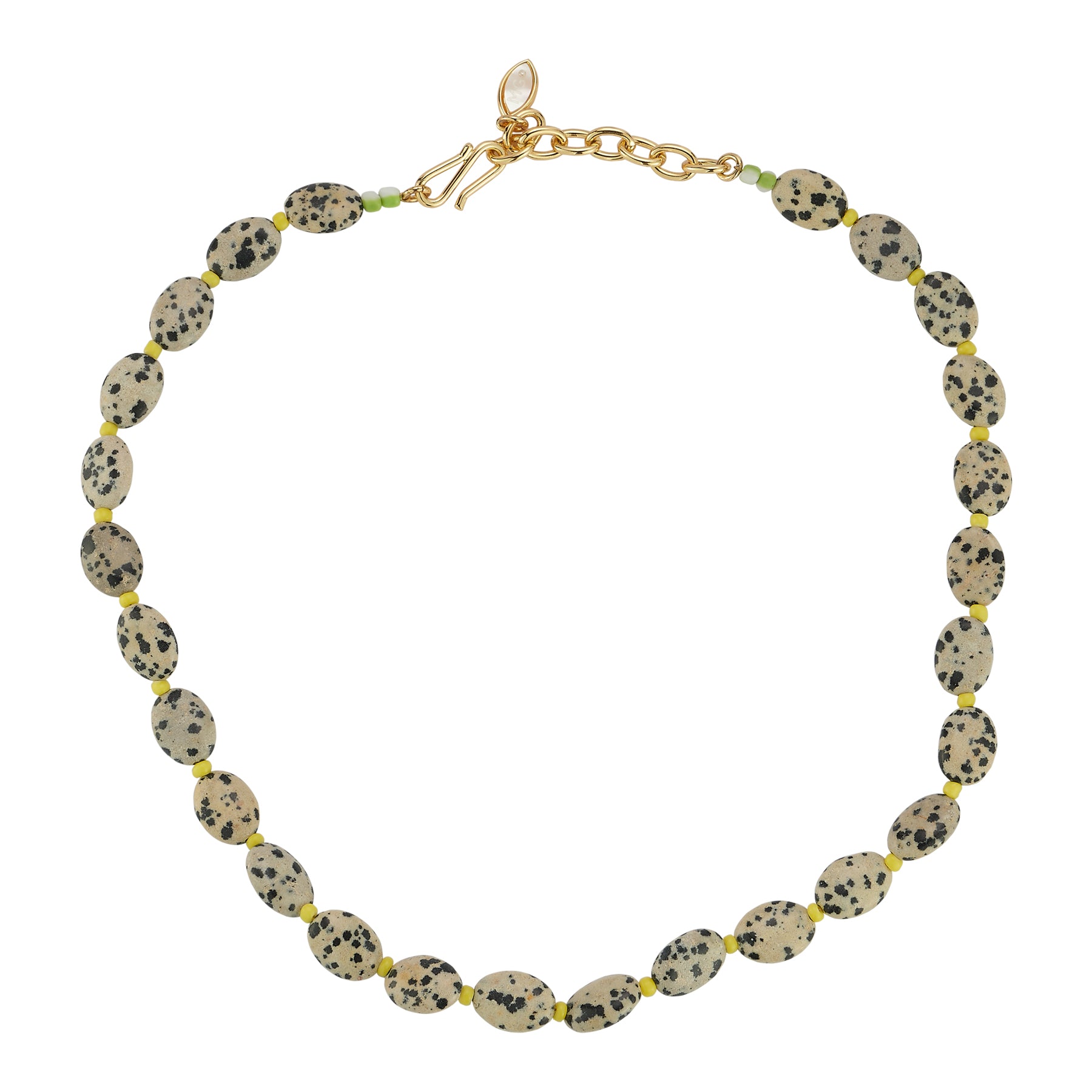 Brown and Black Stone and Yellow Bead Strand Necklace on Flat White Background