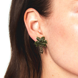 Green and Brown Beaded Palm Tree Studs Styled on Model