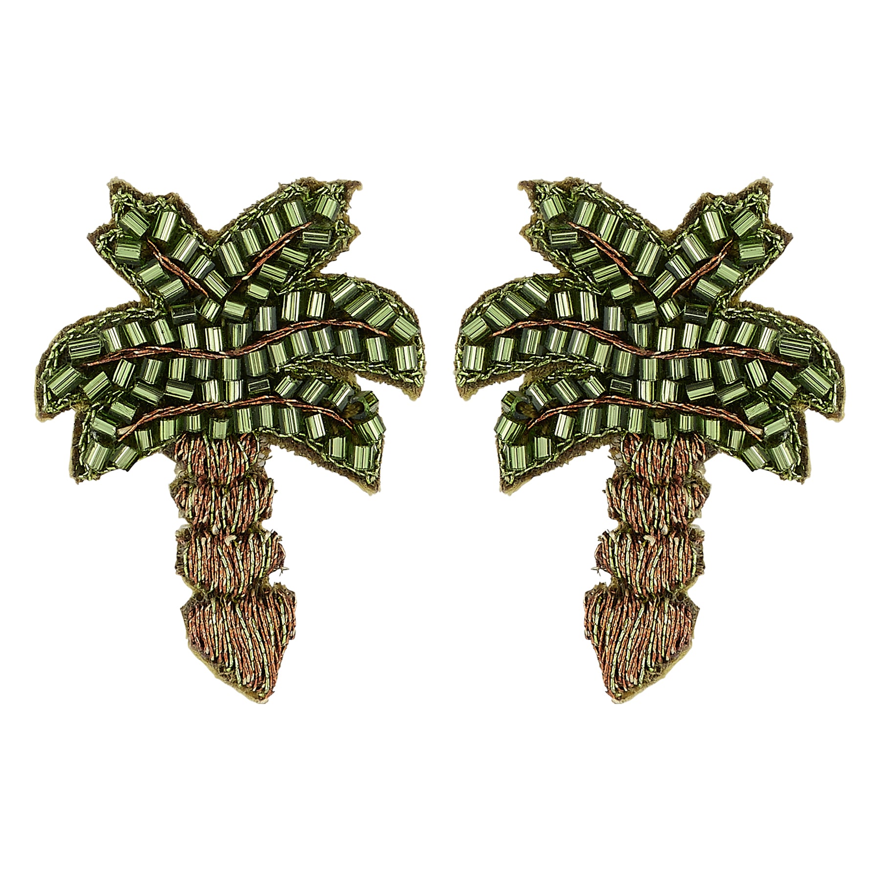 Green and Brown Beaded Palm Tree Studs on Flat White Background