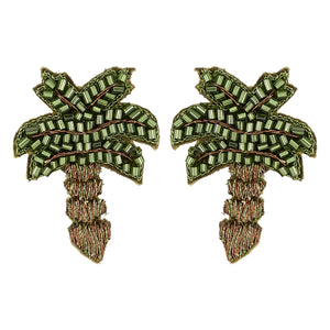 Green and Brown Beaded Palm Tree Studs on Flat White Background