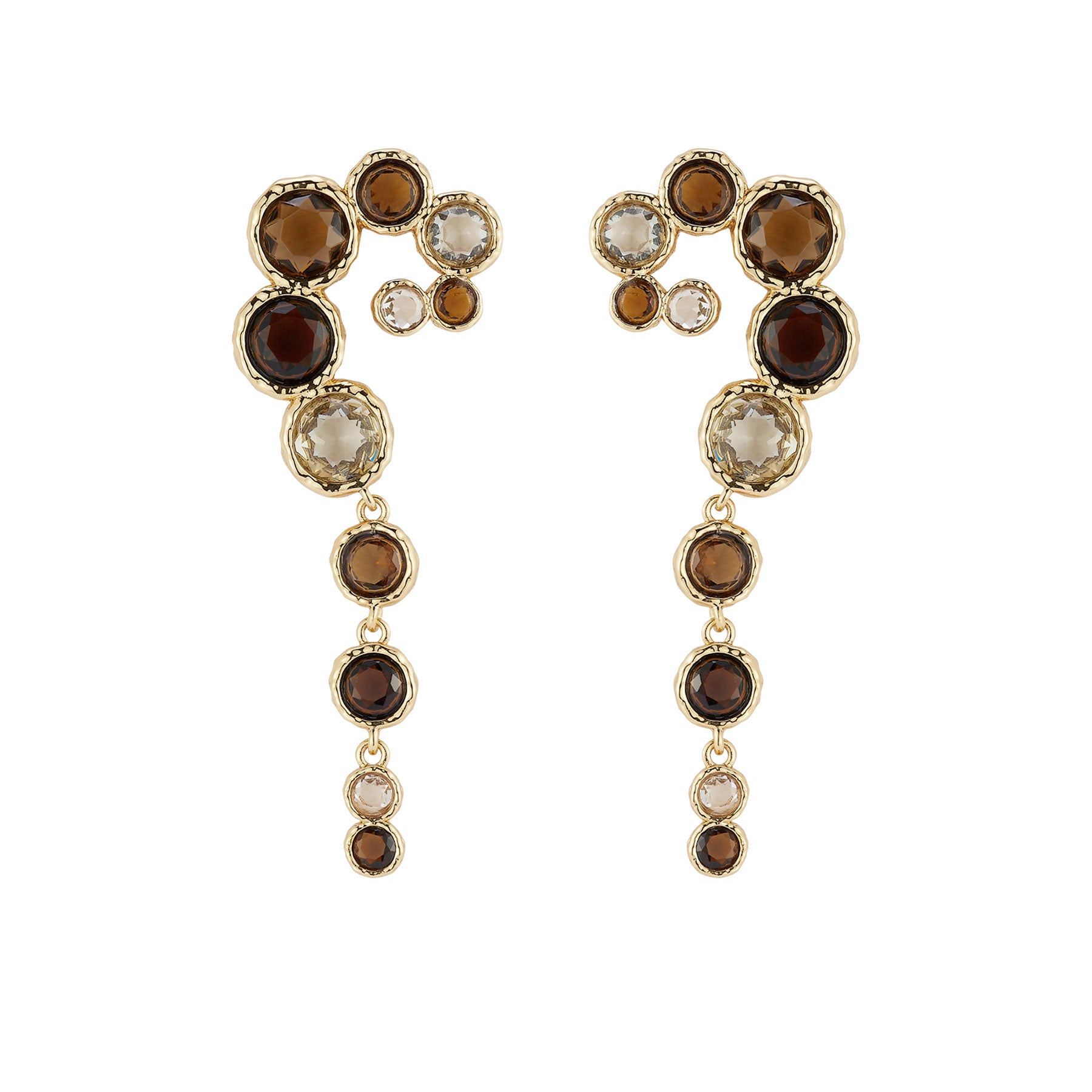 Pair of earrings with multicolored gemstones on a white background