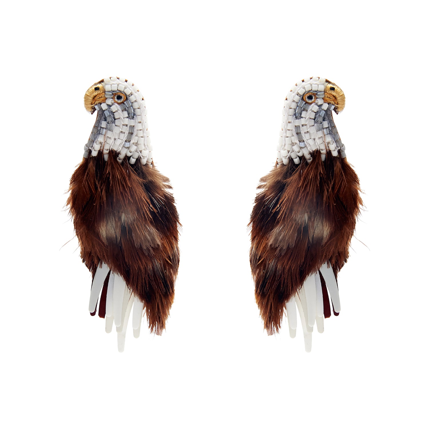 Brown and White Feather and Bead Eagle Stud Earrings on Flat White Background