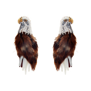 Brown and White Feather and Bead Eagle Stud Earrings on Flat White Background