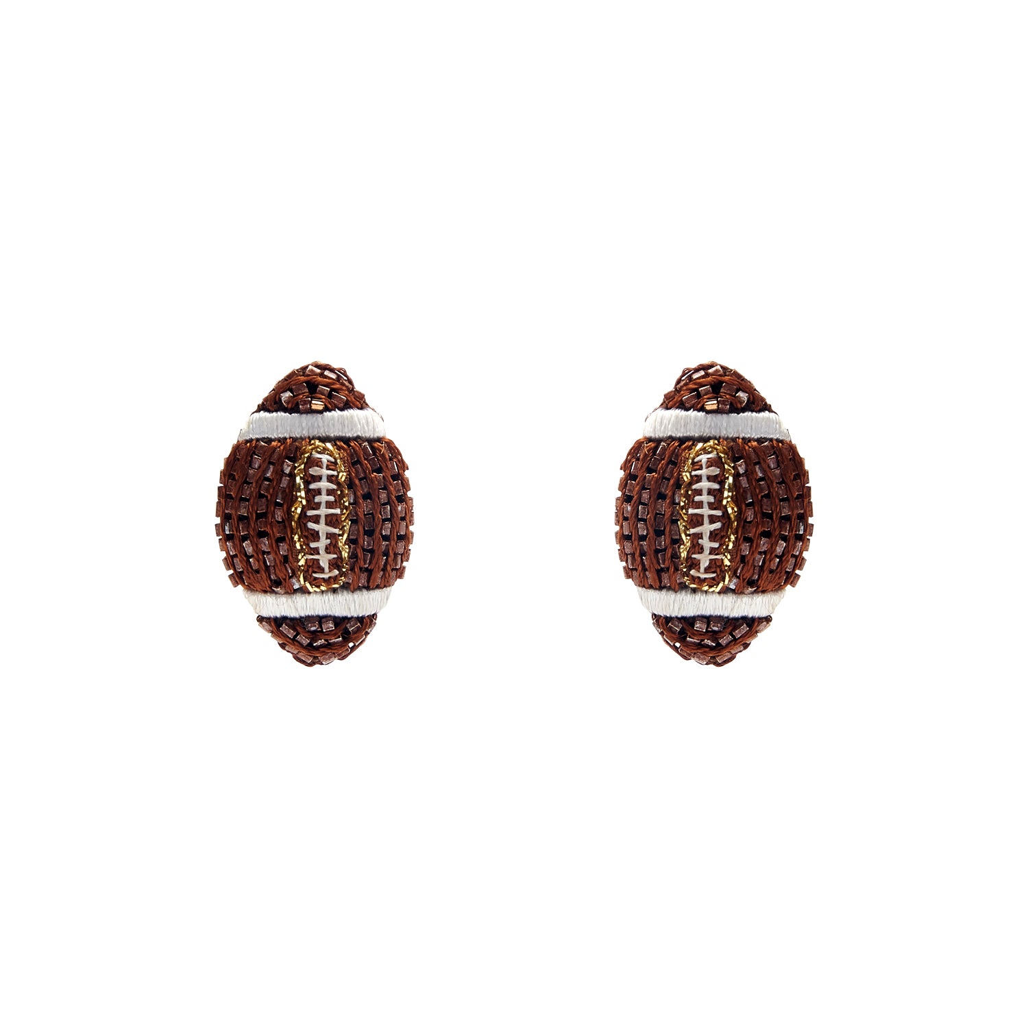 Brown and White Beaded Football Stud Earrings on Flat White Background
