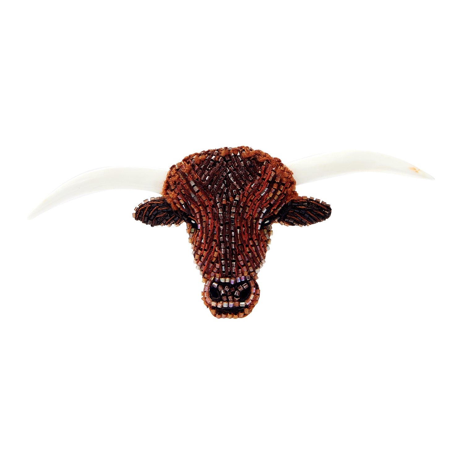 Brown and White Beaded Longhorn Brooch on Flat White Background