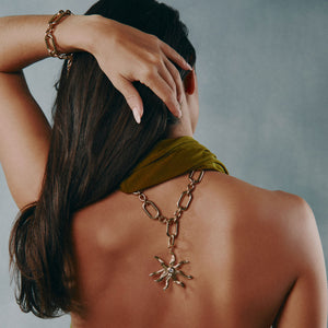 Gold Chain Bracelet and Gold Chain Necklace with Charm Styled on Model