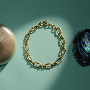 Gold Chain Necklace Staged with Shells on Green Surface