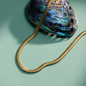 Gold Herringbone Necklace Staged on a Shell on a Green Surface