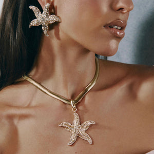 Herringbone Chain with Crystal and Gold Starfish Charm with Crystal and Gold Starfish Earrings Styled on Model