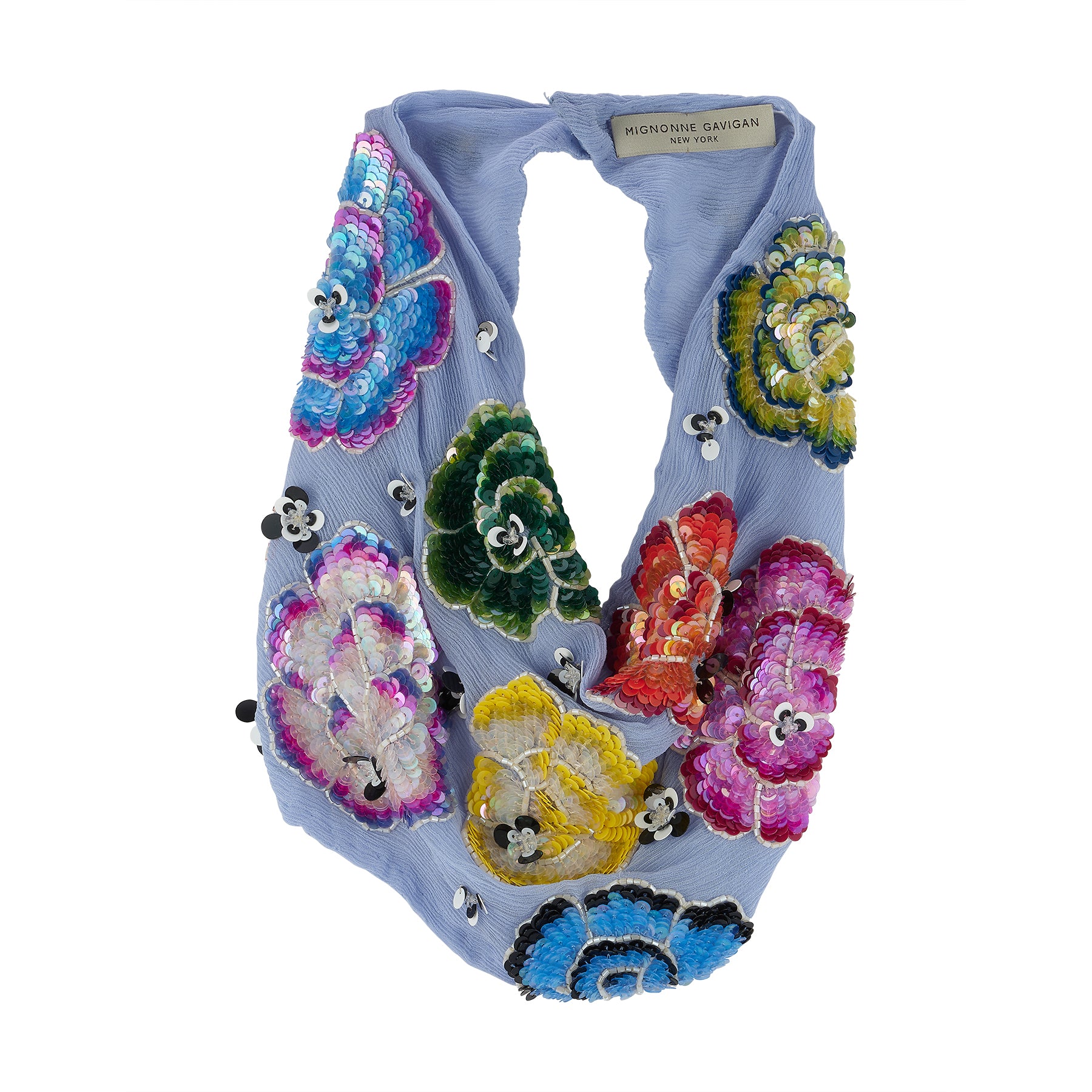 Silk scarf with beads and sequins embroidered on white background