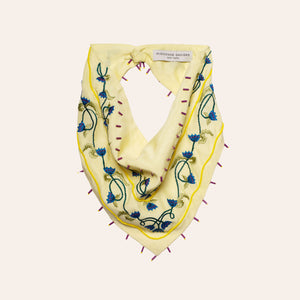 Butter Yellow Bandana with Blue Floral Embroidery on Tan Background