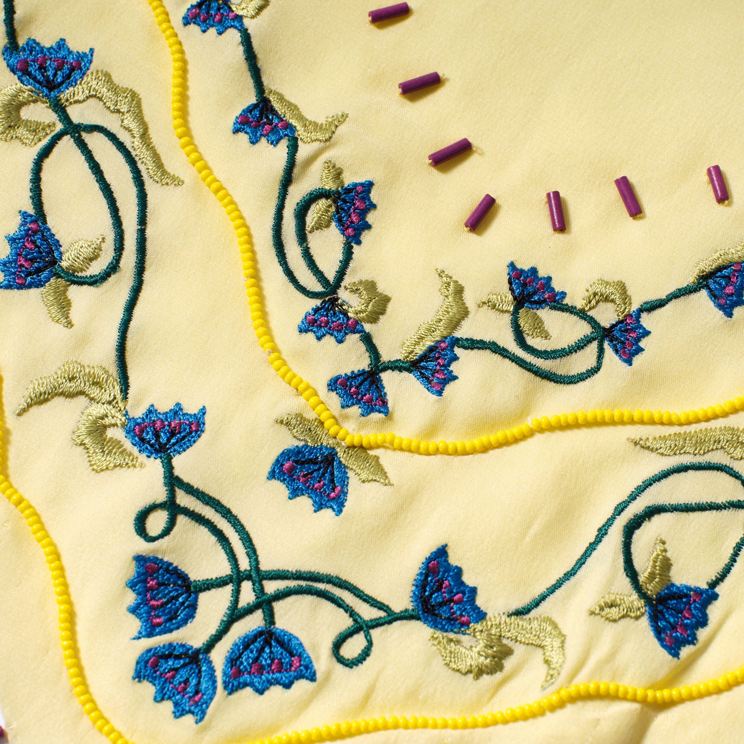 Butter Yellow Bandana with Blue Floral Embroidery Up Close