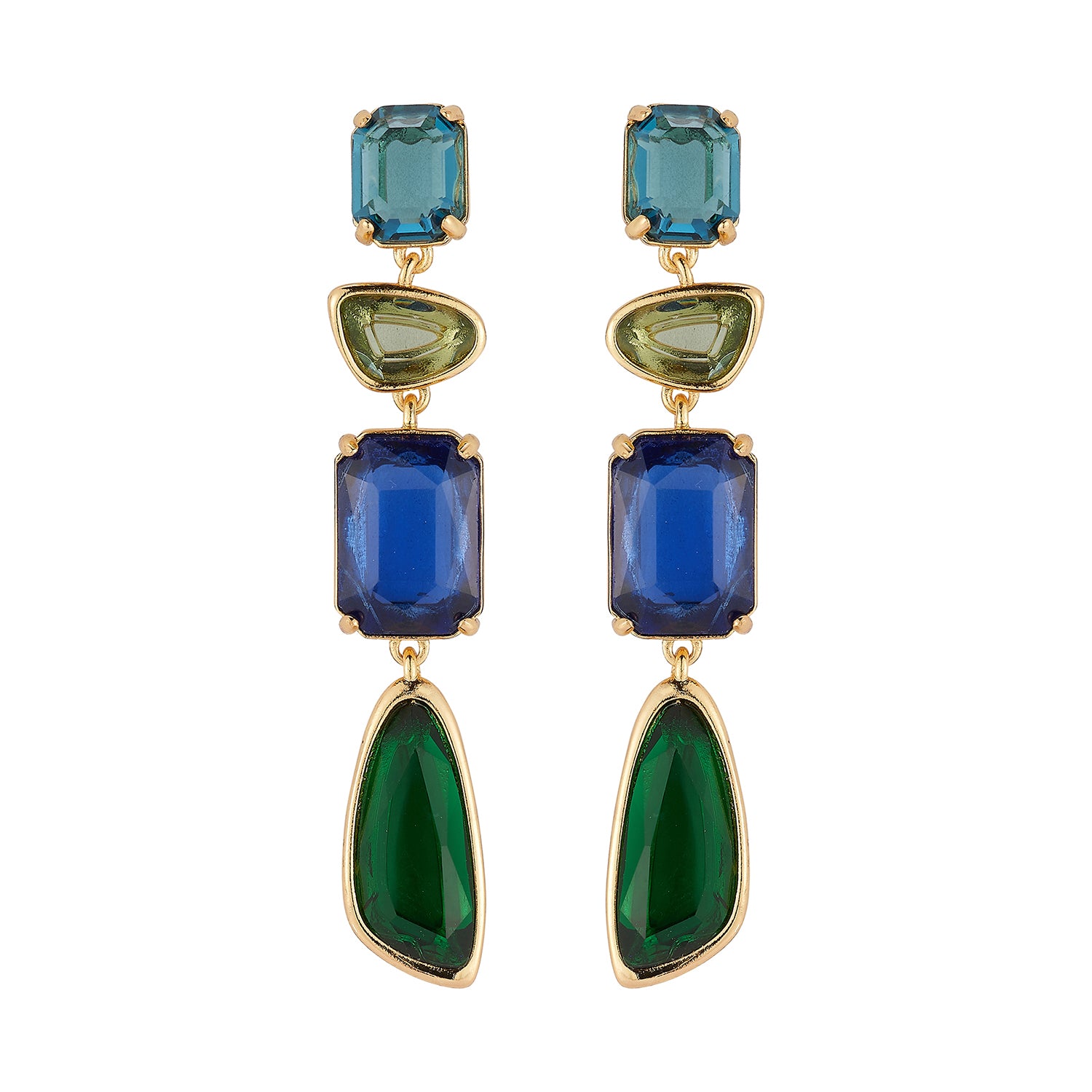 Gold-tone drop earrings featuring blue, teal, and clear faceted stones in a layered geometric design on white