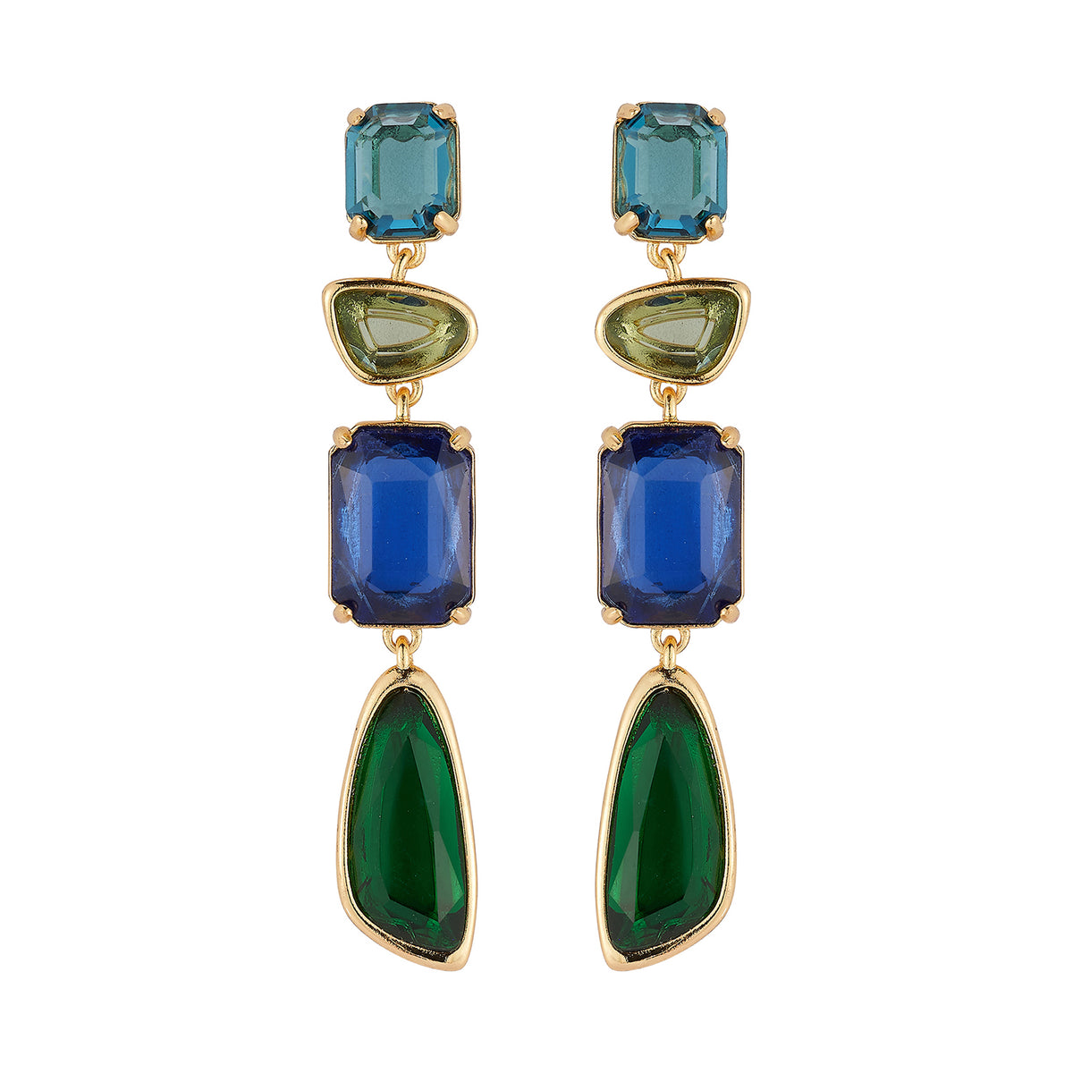 Gold-tone drop earrings featuring blue, teal, and clear faceted stones in a layered geometric design on white