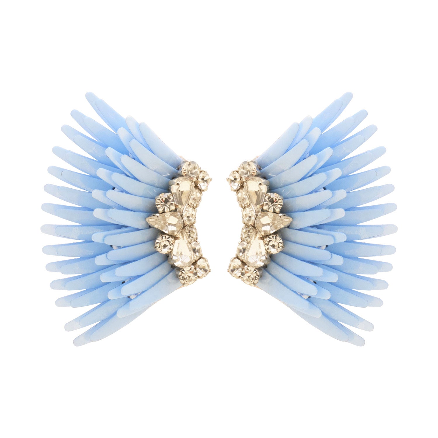 Light Blue Sequin Wing Stud Earrings with Clear Crystals on Flat White Background