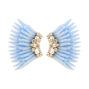 Light Blue Sequin Wing Stud Earrings with Clear Crystals on Flat White Background