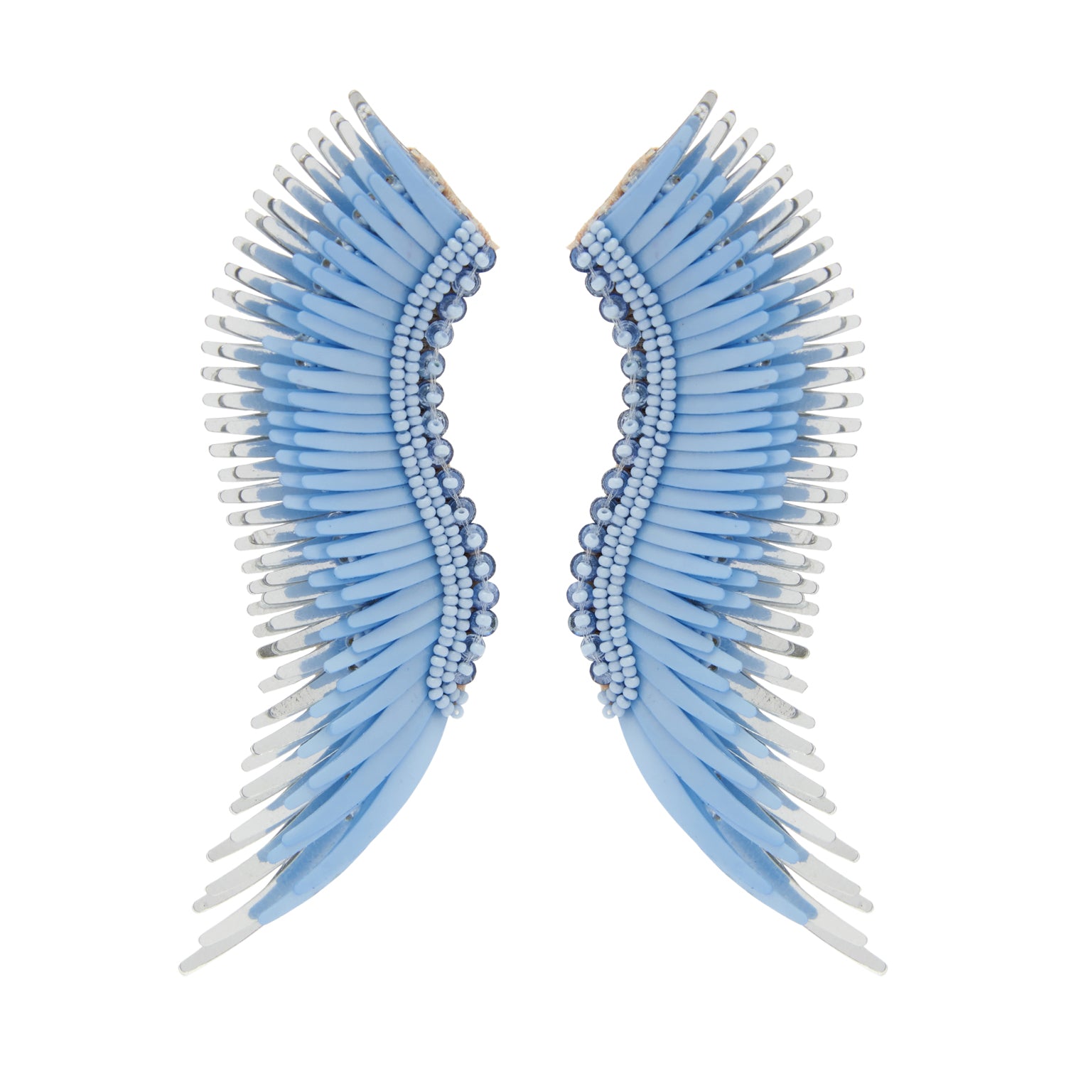 Carolina Blue and Silver Sequin and Bead Wing Earrings on Flat White Background