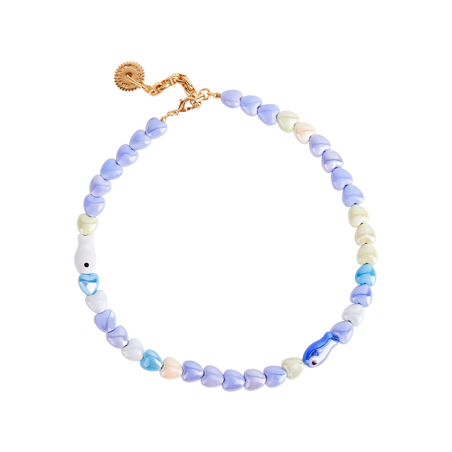 Blue and White Beaded Fish and Heart Necklace on White Background