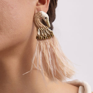 Champagne Beaded, Crystal, and Feather Swan Earrings on Model