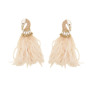 Champagne Beaded, Crystal, and Feather Swan Earrings on Flat White Background