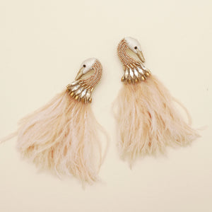 Champagne Beaded, Crystal, and Feather Swan Earrings on Tan Background