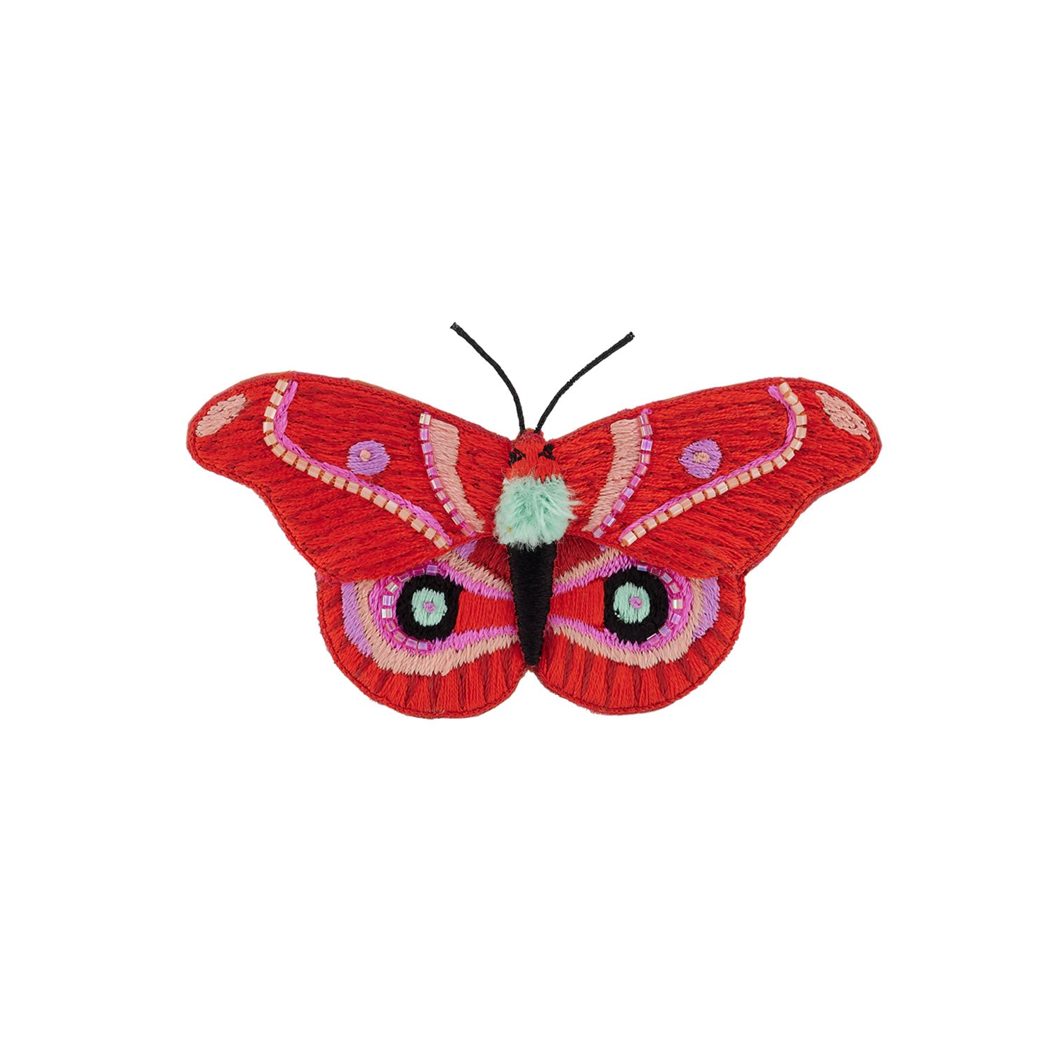 Cherry Red, Pink, Mint, and Black Bead Embroidered Butterfly Brooch on Flat White Background