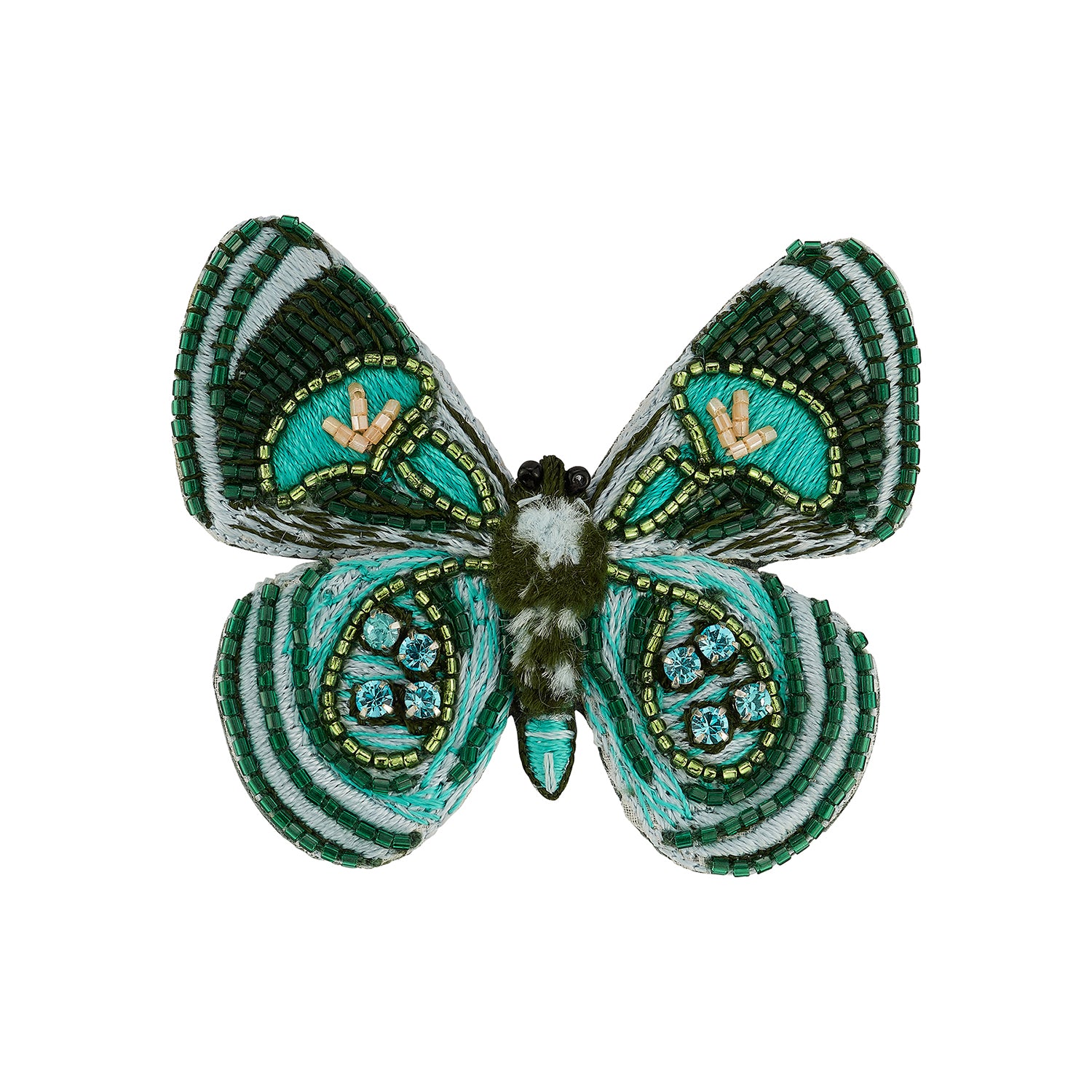 Green Butterfly Beaded and Embroidered Brooch on White Background