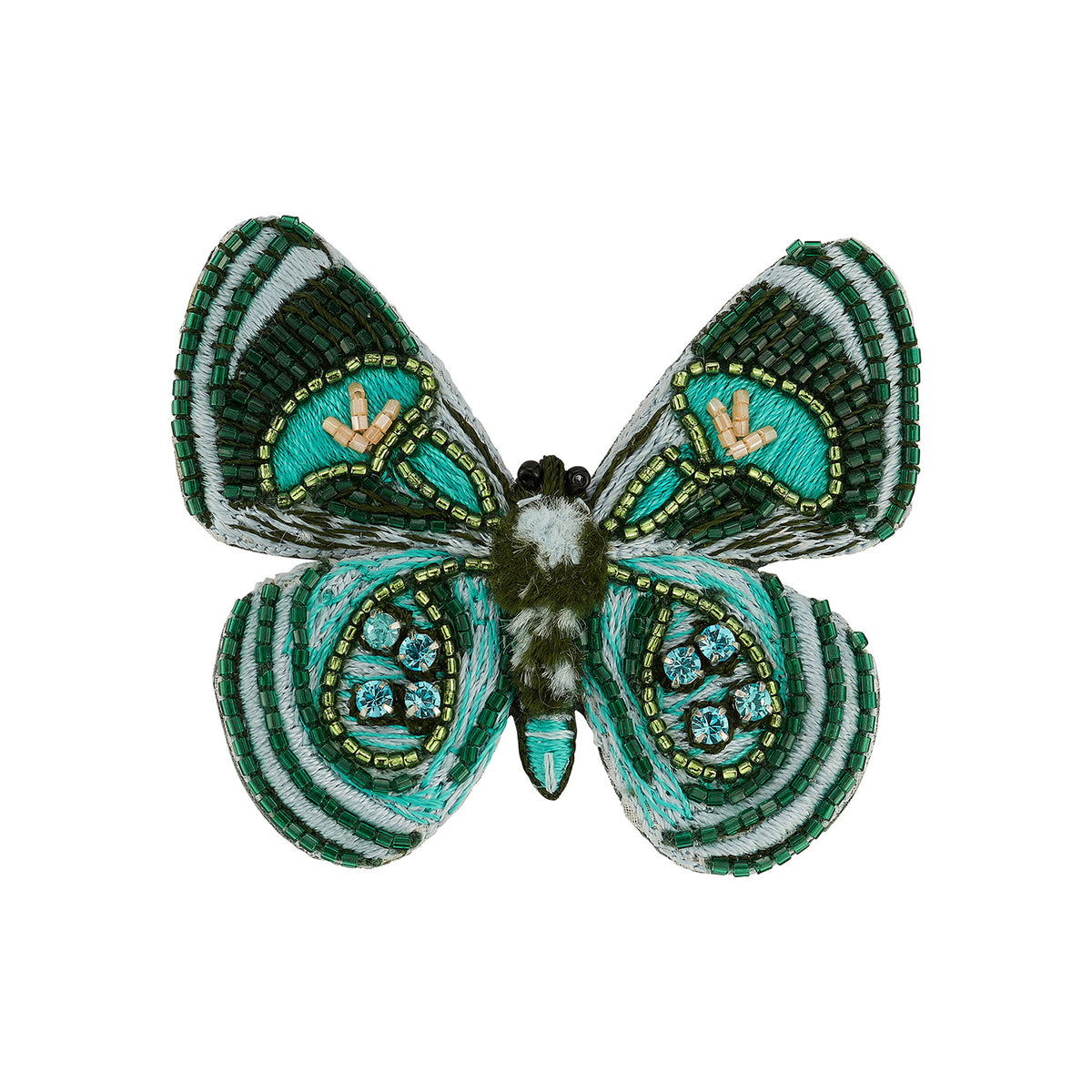 Green Butterfly Beaded and Embroidered Brooch on White Background