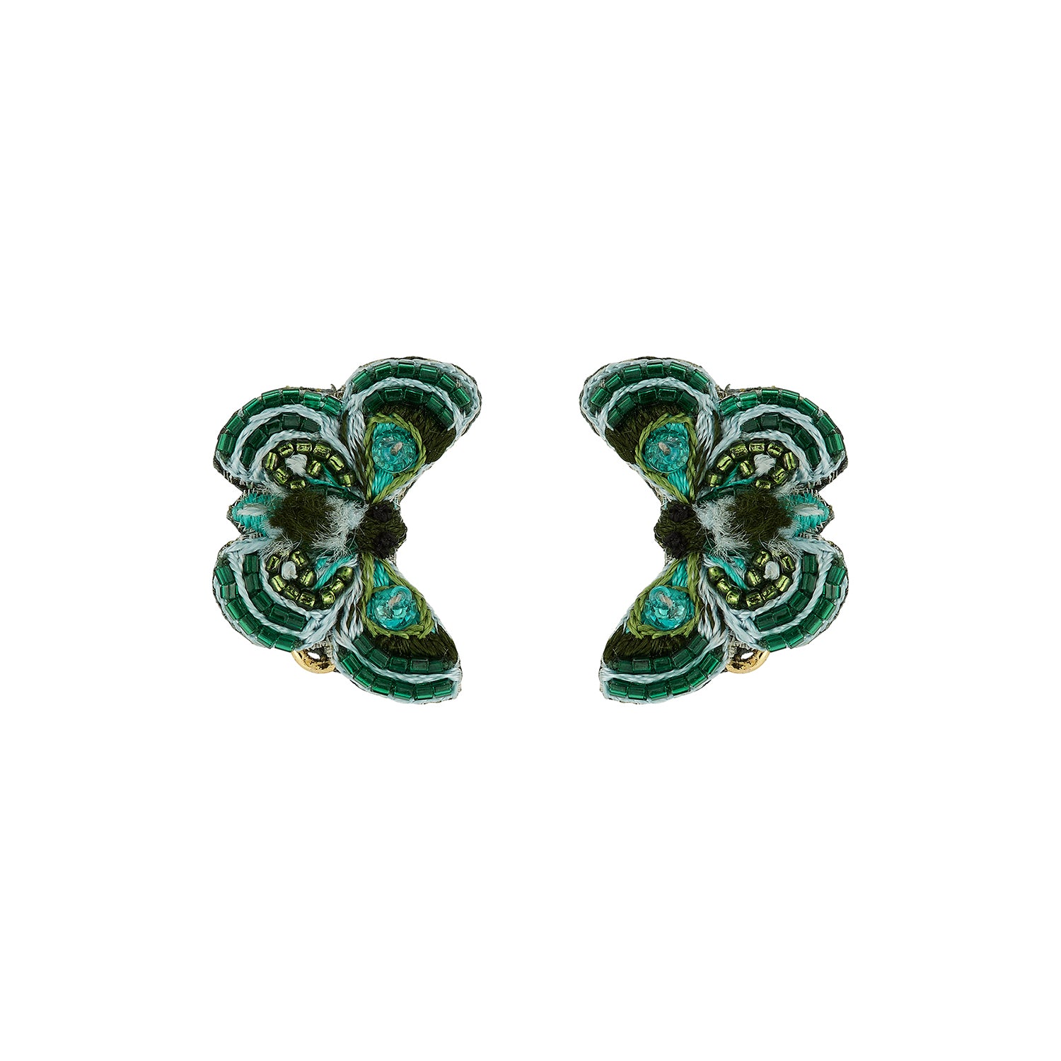 Green Butterfly Beaded and Embroidered Earrings on a white background