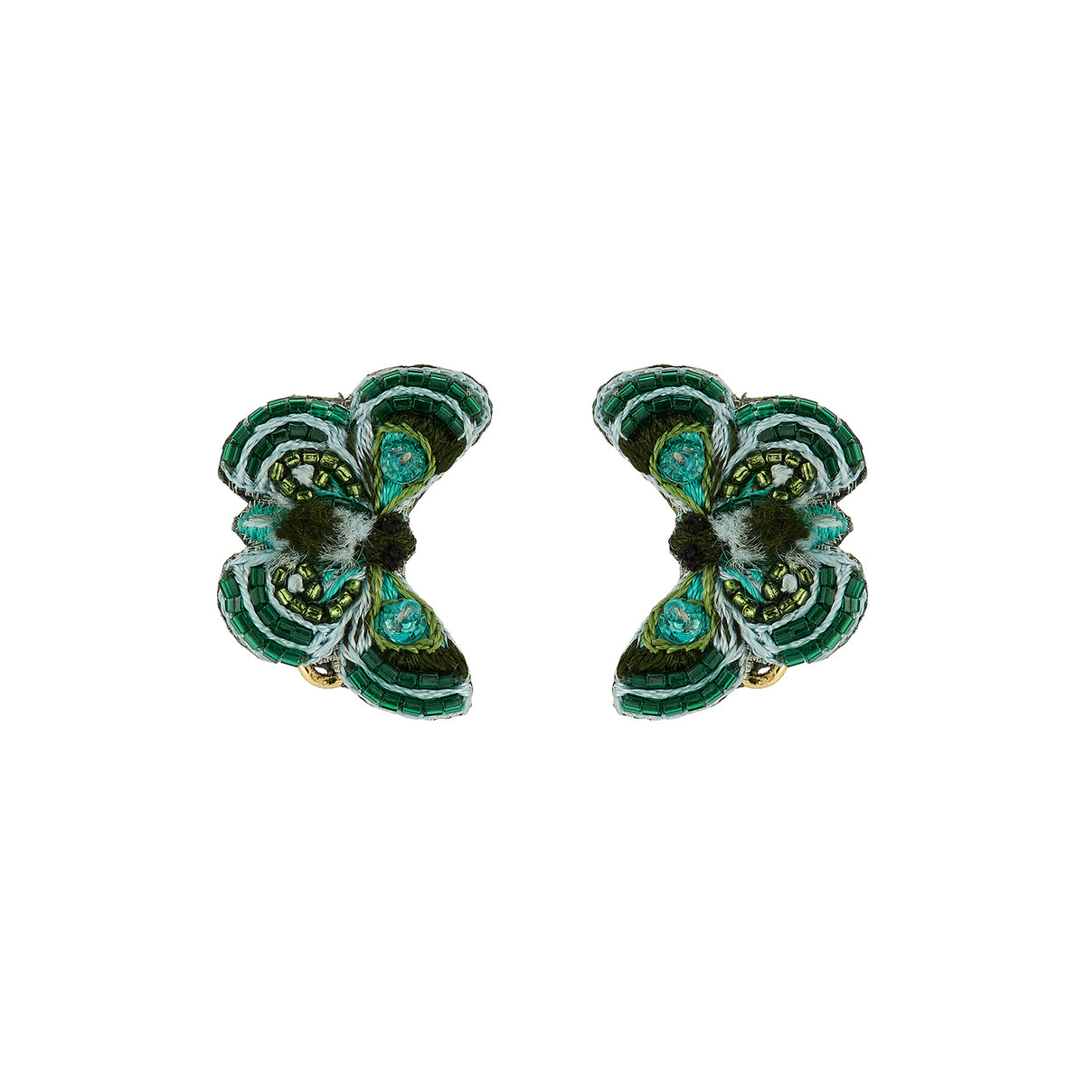 Green Butterfly Beaded and Embroidered Earrings on a white background