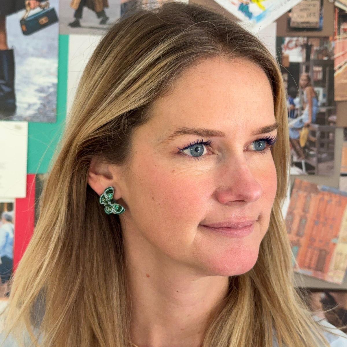 Green Butterfly Beaded and Embroidered Earrings on Mignonne Gavigan 2