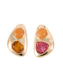 Pair of gold earrings with colorful gemstones on a white background