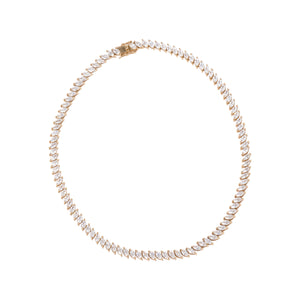 Gold and Clear Crystal Tennis Necklace on Flat White Background