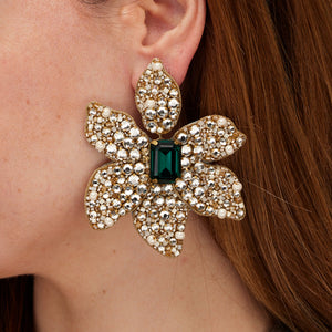 Crystal Statement Flower Drop Earrings Styled On Model
