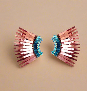 Copper sequin and teal crystal wing stud earrings on tan background